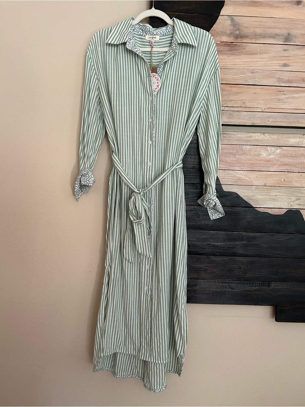 Umgee Striped Midi Shirt Button Front Dress with Tie Waist